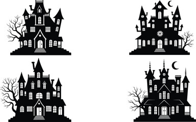 Spooky haunted house silhouettes with eerie trees and moon elements creating a dark Halloween themed vector illustration suitable for seasonal design projects