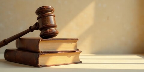 Wooden Gavel Resting on Aged Law Books Illuminated by Sunlight