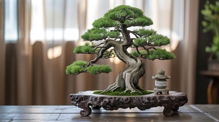 Tranquil Bonsai Tree with Lantern on Wooden Table pine ancient