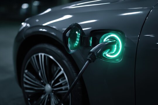 Charging an electric vehicle at a station with a glowing green indicator light that shows the charging status during evening hours in a modern urban setting