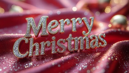 Sparkling Merry Christmas on Red Bokeh Background