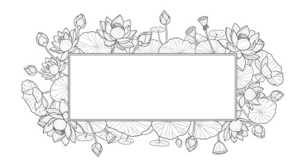 Elegant black and white sketch of lotus flowers and lily pads forming a beautiful botanical rectangular frame with space for text.