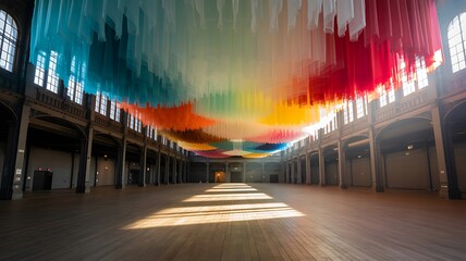Vast Empty Hall with Rainbow Fabric Installation Hanging from the Ceiling interior room