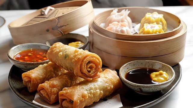 Delicious Assortment of Asian Dim Sum and Crispy Spring Rolls with Dipping Sauces.