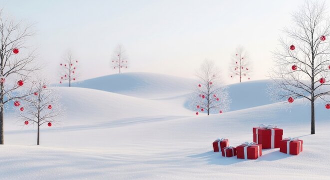 Rolling snowy hills dotted with bare trees adorned with red baubles and holiday gift boxes - Powered by Adobe