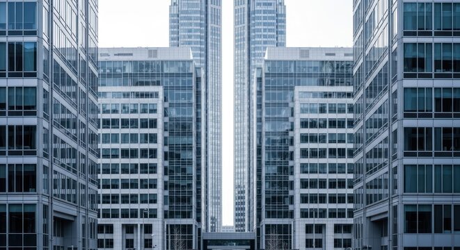 Reflective modern glass skyscrapers rise between symmetrical office buildings in a city