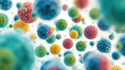 Colorful abstract spheres and cells floating in a bright blurry background