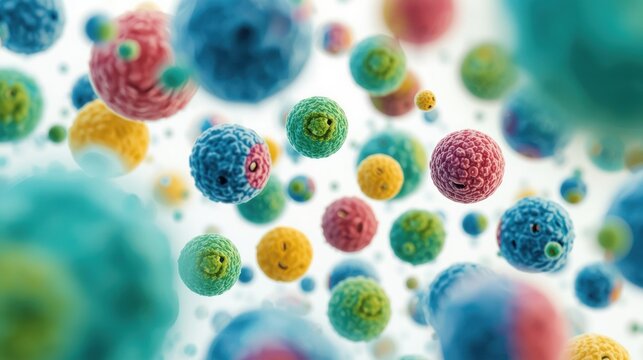 Colorful abstract spheres and cells floating in a bright blurry background
