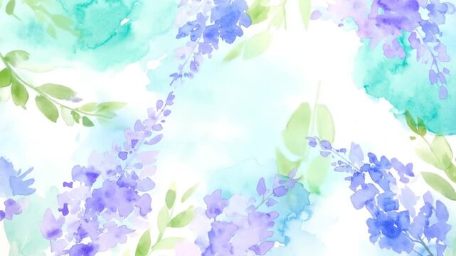 Soft watercolor painting featuring lavender floral branches, leaves, and blue-green background