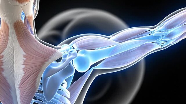Human Shoulder Joint Anatomy Animation Showing Muscles and Bones with X-ray View for Medical and Scientific Visualization