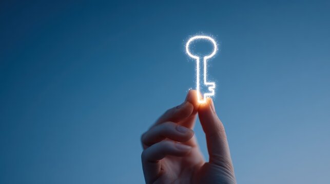 The Key to Innovation: An illuminated key, held delicately, symbolizes opportunity, unlocking potential and innovation, framed against a serene, gradient blue sky.