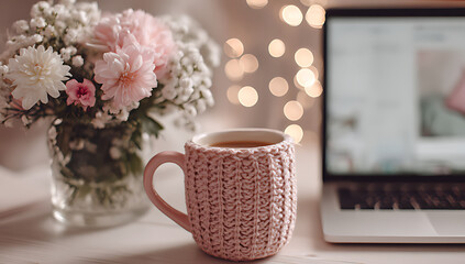 A cozy office setup with an open laptop a pink mug