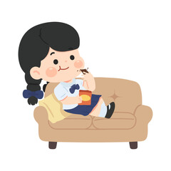 Cartoon Girl Eating Snacks on Sofa