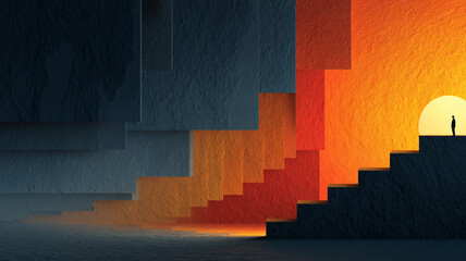 Abstract Gradient Illustration of Impossible Staircase Unfolding from Hidden Space to Light, Deep Navy to Amber, Surreal Digital Art