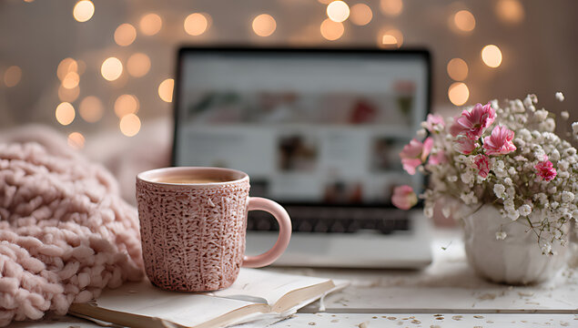 A cozy office setup with an open laptop a pink - Powered by Adobe