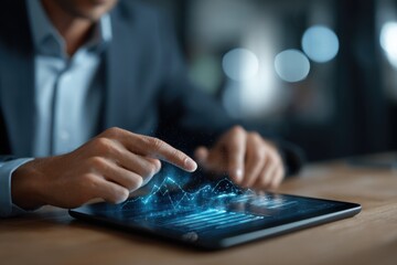 Businessman engages in digital marketing using a tablet to boost online sales while analyzing data visuals in a modern workspace