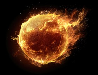 A basketball engulfed in flames against a black background