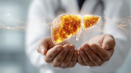 Healthy Liver in Medical Care: A doctor cradles a vibrant, glowing depiction of a healthy liver, representing the vital organ and the pursuit of wellness, hope and medical care.