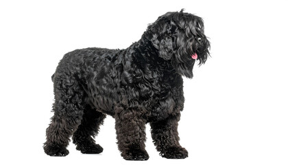 Black russian terrier standing alert with thick curly fur on white background