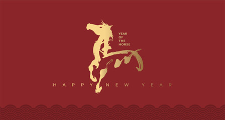 Chinese New Year and Year of the Horse theme featuring an elegant golden calligraphy character ‘Horse’ on a red background. Perfect for greeting cards, posters, and New Year decorations.