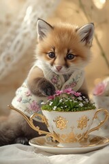 Adorable baby fox wearing a dress sits by a teacup with flowers