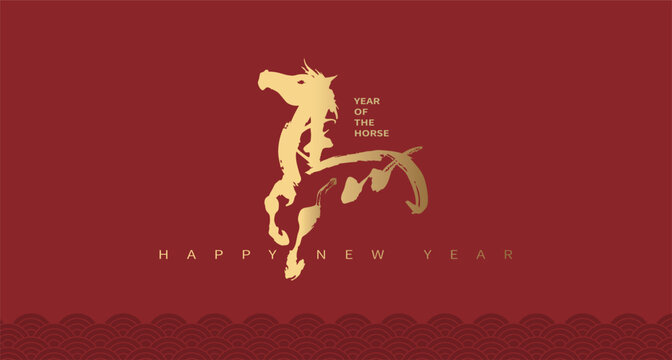 Chinese New Year and Year of the Horse theme featuring an elegant golden calligraphy character ‘Horse’ on a red background. Perfect for greeting cards, posters, and New Year decorations.