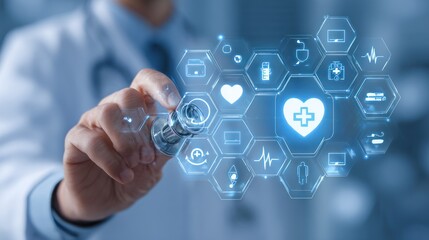 Healthcare Innovation: A doctor's hand interacting with digital icons representing advancements in medical technology, depicting the future of healthcare and its impact.