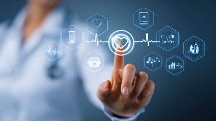 Digital Healthcare Touch: A medical professional interacts with a modern healthcare interface, highlighting innovative technologies for patient well-being, symbolizing the future of medicine.