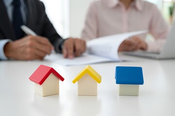 Two people sign real estate documents at an office desk, discussing property sale or purchase as an agent guides the client through the transaction process.