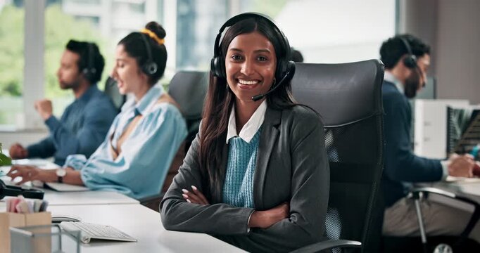 Face, woman and headset with smile in call center for customer service, assistance and help desk. Portrait, female advisor and coworking with computer contact us and arms crossed of technical support