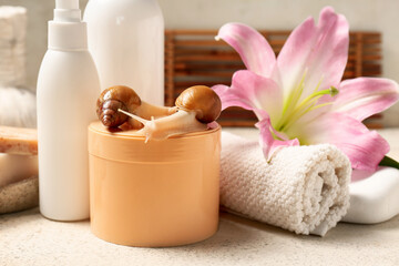 Jar of cosmetic product with Giant Achatina snails and spa accessories on light table