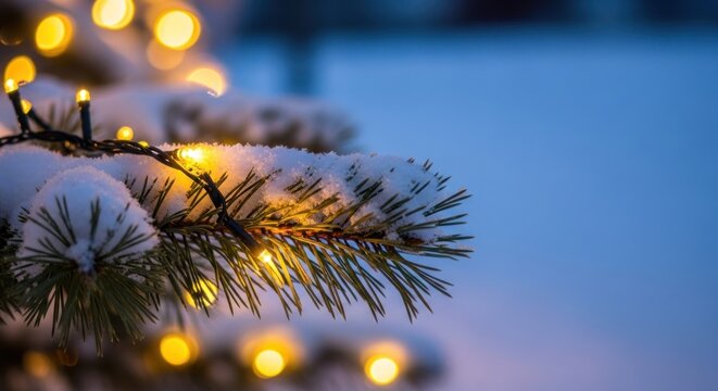 Snow-covered pine branch adorned with warm glowing string lights on a cold winter evening - Powered by Adobe
