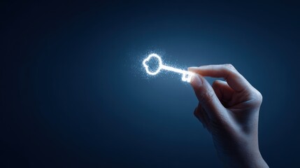 Unlocking Success: A hand delicately holds a glowing key against a dark backdrop, symbolizing opportunity, access, and the path to achievement. 