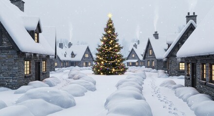 Snowy village square with a festive, lit Christmas tree amidst charming stone houses