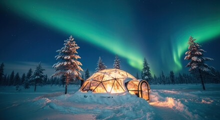 Snowy night scene cozy glass igloo beneath vibrant green aurora borealis and stars