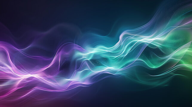 Abstract flowing waves of vibrant purple and green light on a dark background