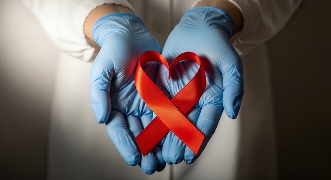 Gloved hands forming a heart shape with a red ribbon, symbolizing love, care, and support for health awareness, potentially for World AIDS Day or heart health.