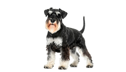 Miniature schnauzer standing alert with attentive expression on white studio backdrop