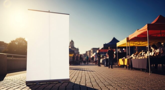 Sunny outdoor market with blank pull-up banner, blurred people, colorful tents, and goods - Powered by Adobe