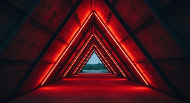 Symmetrical concrete triangular tunnel illuminated by vibrant red neon lights, leading to exit