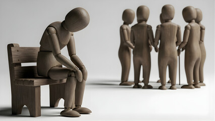 Sad wooden figure excluded from group symbolizing bullying, discrimination, isolation, and loneliness
Mental health concept in society, workplace, or school showing exclusion and emotional struggle il