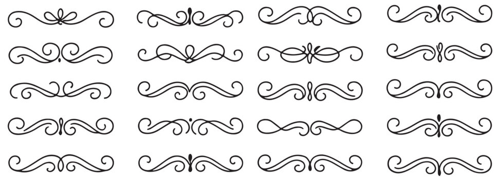 Line ornament flourish calligraphy swirl set. Elegant flourish divider, underline and scroll swash wedding font, label or accent. Line art swirl, chalk flourish, vintage ornament. Vector illustration
