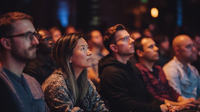 Audience Members Watching Presentation in Dimly Lit Conference Hall