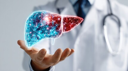 Medical Marvel: A doctor's hand cradles a holographic liver, its intricate network of data points illuminating the essence of medical technology. A testament to scientific advancement