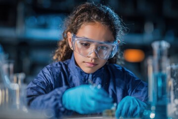 Young Latina girl conducts a science experiment with glassware and safety gear in a laboratory setting during a school science event