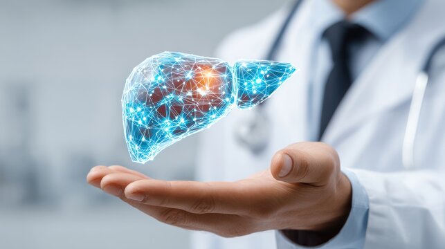Medical Marvel: A doctor's hand delicately cradles a digital representation of a glowing human liver, highlighting advances in healthcare and biomedical research.