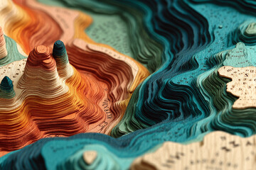 Topographic Map Illustration with Contour Lines, Coral Valleys to Sage Peaks, Emotional Landscape and Contemporary Data Visualization