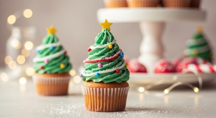 Two festive cupcakes decorated as Christmas trees with green frosting and colorful sprinkles