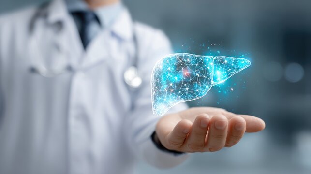 Medical Innovation: A doctor's open palm cradles a vibrant, glowing 3D hologram of a liver, symbolizing breakthroughs in medical science, healthcare, and organ health.