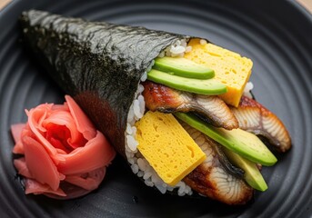 Delicious unagi temaki sushi cone with avocado and tamago served on a dark plate